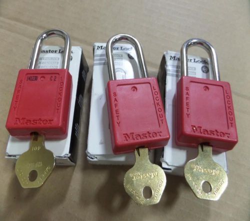 Masterlock no. 410 safety lockout red padlock lot of three with ka keys for sale