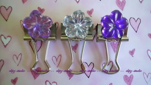 3 x FLOWER MULTI-COLOR PURPLE/WHITE EMBELLISHED BINDER CLIPS~SUPER CUTE!