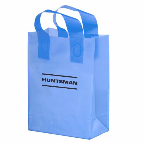 250 frosted soft loop plastic shopping bags w/your custom imprint, 6 bag colors for sale