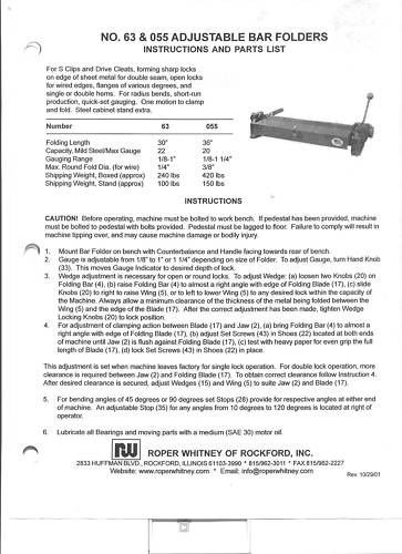 Pexto Roper Whitney 063 &amp; 055 Owners Manual