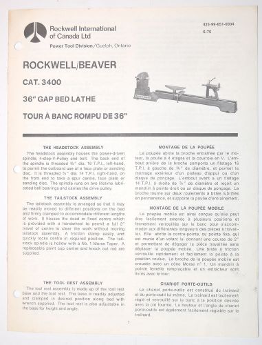 ROCKWELL BEAVER MANUAL: 36&#034; GAP BED Wood LATHE / TOUR A BANC ROMPU 36&#034; #3400