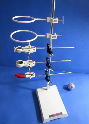 Heavy cast iron lab stand 9&#034; x 6&#034; -9 pc kit w/3 clamp 3 boss head, 2 retort ring for sale