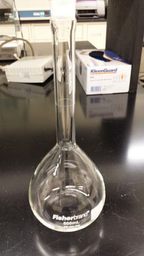 Volumetric flask, 500ml, fisherbrand, clear glass, with cap, new for sale