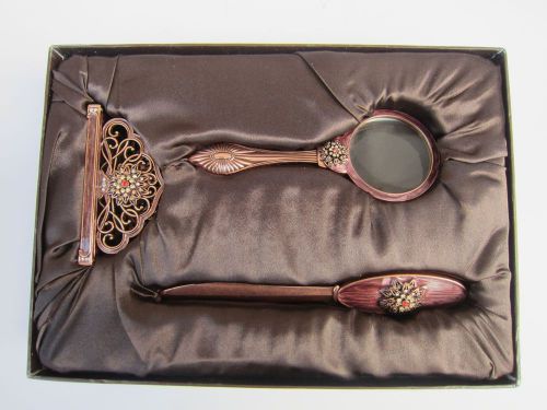 Desk Set Card Holder Magnifying Glass Letter Opener Crystals On Antiqued Copper