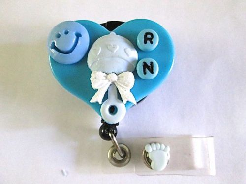 RN BLUE RATTLE ID BADGE REEL BABY HAND ON VINYL STRAP,MEDICAL,HOSPITAL,NURSE