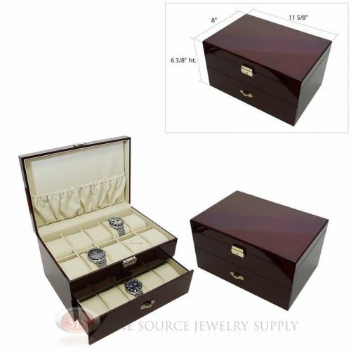 (2) 20 Watch Solid Top Rosewood Cases with Beige Faux Leather Lining Displays