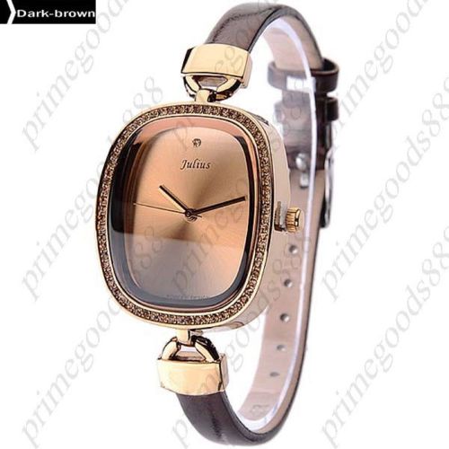 PU Leather Ellipse Quartz Analog Wrist Lady Ladies Wristwatch Women&#039;s Dark Brown