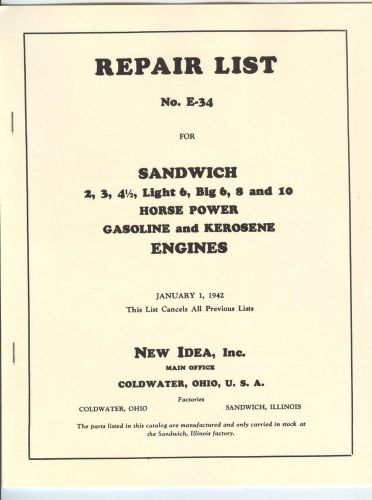 Sandwich Gasoline &amp; Kerosene Engines Repair List 1942,   2 3 4 6 8 10 HP