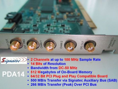 Signatec PDA14 100MHz 14-bit 2 Ch Digitizer DAQ Scope Card + Software + Manual