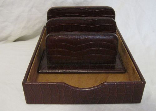 DESK SET ALLIGATOR LEATHER? BEAUTIFUL 2 PIECE PAPER TRAY ENVELOPE/FILE HOLDER