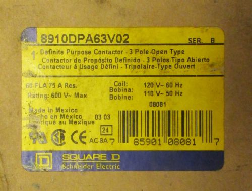 SQUARE D 8910DPA63V02 Definite Purpose Contactor 3P 60A 110/120V 8910 DPA63 V02