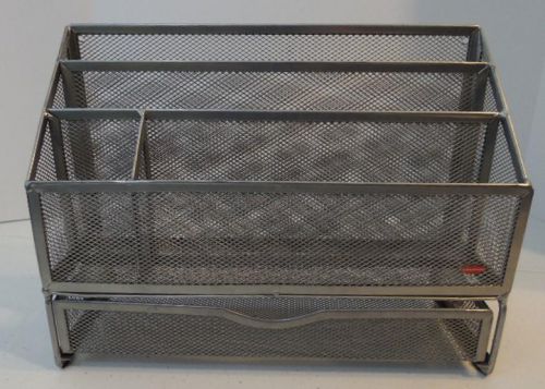 RUBBERMAID SILVER METAL MESH DESK ORGANIZER WITH DRAWER FILE PEN HOLDER