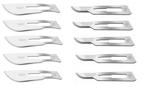 Set of 10 swann morton sterile carbon steel surgical scalpel blades #15 #22 for sale