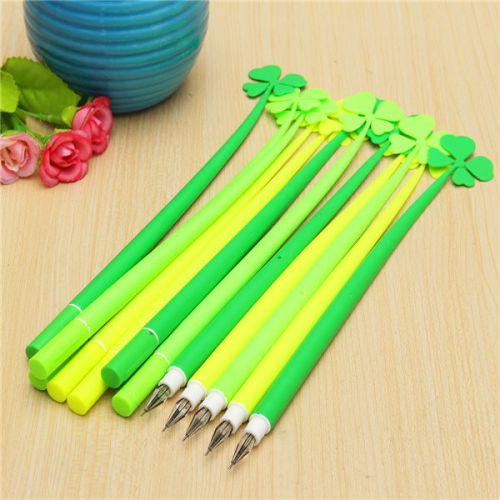 New 12pcs Green Four Leaf Clover Design Roller Sign Gel Pen Black