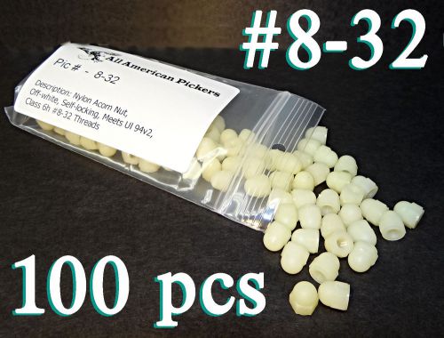 100 - brand new nylon acorn hex cap nuts, #8-32 threads off-white, self-locking. for sale