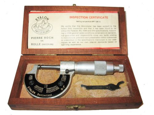 ETALON MICROMETER 0-1&#034;, .0001, SWISS w/ WOOD CASE &amp; INSTRUCTIONS