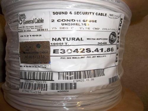 1000&#039; Spool 16/2 Carol Brand General Cable Audio &amp; Security 2-wire Plenum cable