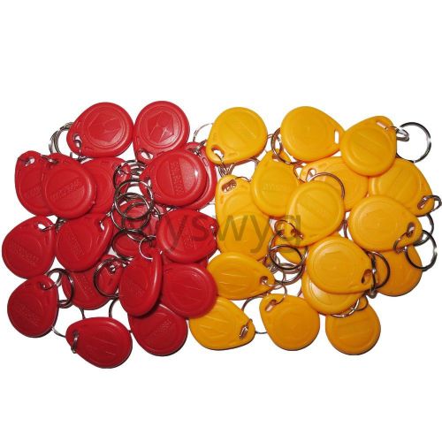 100pcs 125KHz RFID ID EM4100 Proximity Induction Tag Token Keyfob Red &amp; Yellow