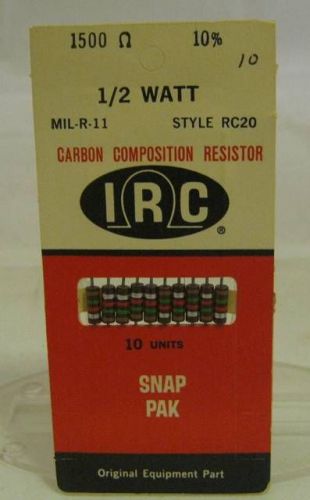 Irc carbon composition resistor 1/2 watt  1500 ohm mil-r-11 nos 10 pk for sale