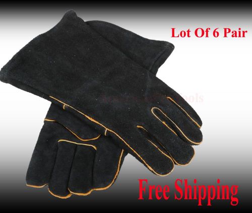 Black cotton lined cowhide welding glove  14&#034; cuff lot of 6 pair for sale