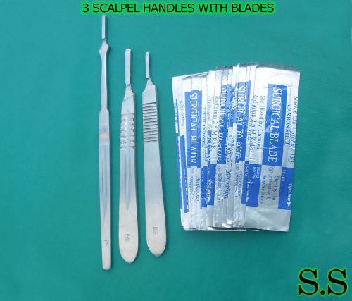 3 SCALPEL HANDLES #3 #4 #7+20 BLADES #10 #11 #12 #15 #16 #20 #21 #22 #23 #24