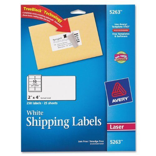 Avery Easy Peel Address Label - 2&#034; Width X 4&#034; Length - 250 / Pack - (5263)