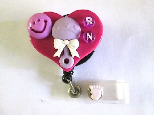 RN PURPLE RATTLE ID BADGE REEL BABY HAND ON VINYL STRAP,MEDICAL,HOSPITAL,NURSE