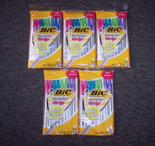 5 NEW PKGS BIC ROUND STIC GRIP COLORS PENS  4 DIFFERENT FASHION COLORS - 40 PENS