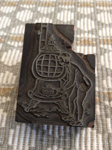 VINTAGE LETTERPRESS | BOY MAN WORKING THE POT BELLY STOVE FURNACE | PRINT BLOCK