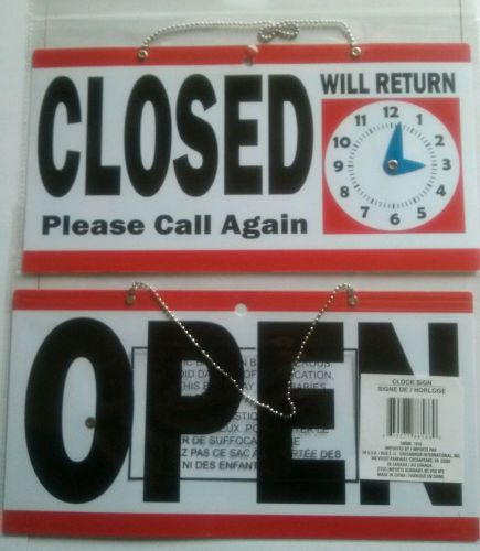 REVERSIBLE RED OPEN CLOSED SIGN WITH WILL RETURN CLOCK &amp; HANGING SIGN W/CHAIN