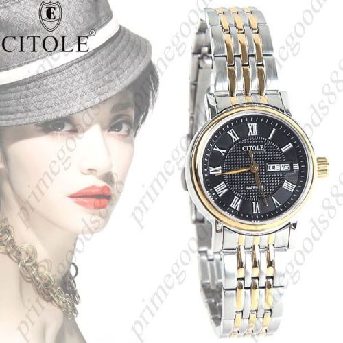 Round Stainless Steel Quartz Wrist Date Free Shipping Gold Golden Black Women&#039;s