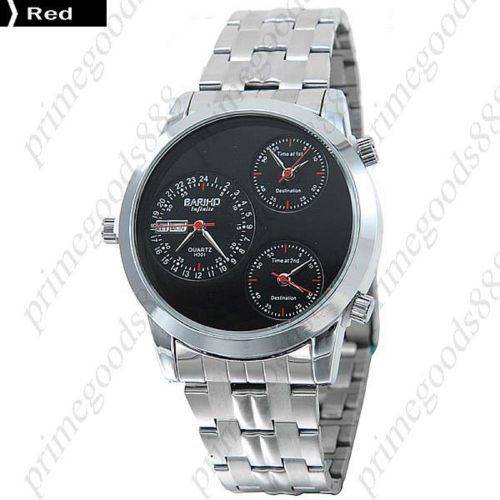 3 Time Zone Zones Stainless Steel Date Analog Quartz Men&#039;s Wristwatch Red