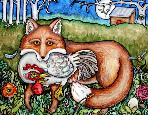 Lisa Luree art Original Uh Oh! CHICKEN FOX Limerick Painting hen chickens coop