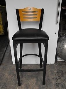 NEW Natural Wood Back Metal Bar Stool Black Vinyl Seat