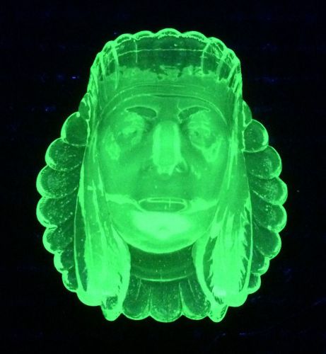 Vintage Vaseline Glass Toothpick Holder Uranium Canary Indian Chief Head, Nice