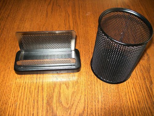 Set of 2 Desk Accessories Elton Business Card Holder &amp; Black Metal Pencil Holder