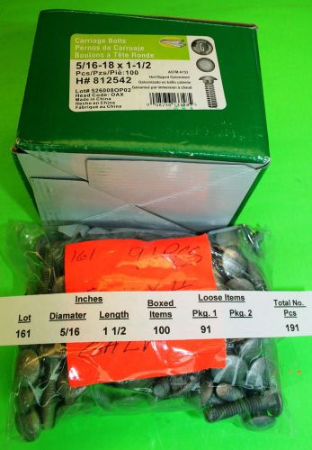 5/16&#034;-18 x 1 1/2&#034; hot dipped galvanized carriage bolts, 191 pcs. for sale