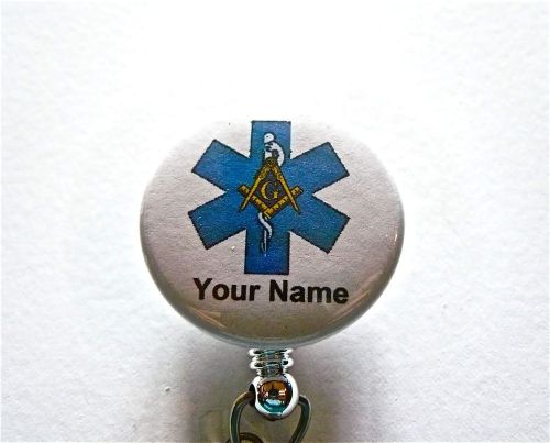 STAR OF LIFE MASONIC SQUARE COMPASS ID BADGE REEL RETRACTABLE,MASON,NURSE,DOCTOr