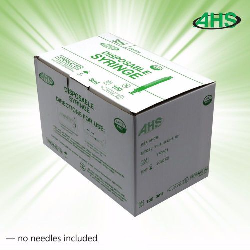 100 3cc/3ml syringes, Luer lock, sterile, w/o needles - AH03L disposable syringe