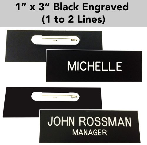 CUSTOM ENGRAVED BLACK - 1&#034; x 3&#034; Name Badge Tag with PIN - Personalized Business