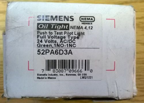 SIEMENS 52PA6D3A Push to Test Pilot Light Full Voltage 24V AC/DC Green 1NO-1NC