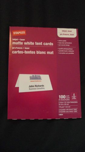 Brand New Staples 100 Matte White Tent Cards For Inkjet &amp; Laser Printers 14634