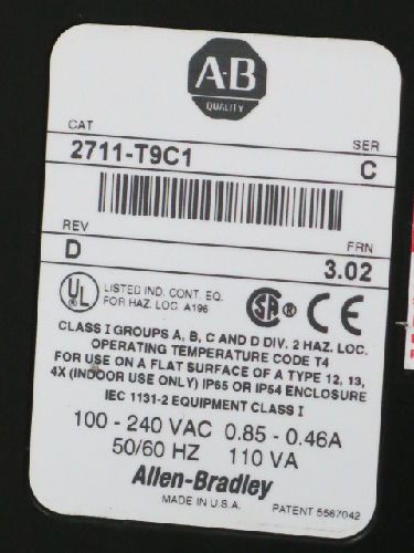 ALLEN BRADLEY 2711-T9C1 PANELVIEW 900 TOUCHSCREEN OPERATOR INTERFACE