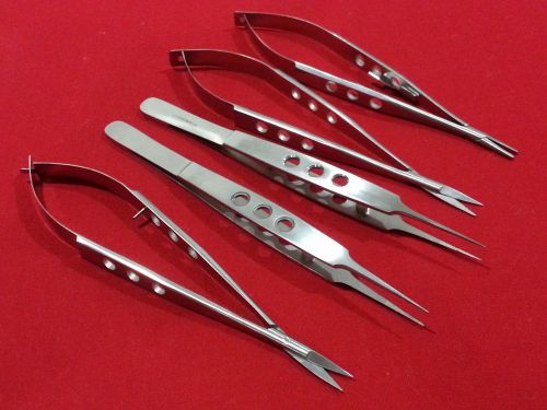 5 PCS CASTROVIEJO NEEDLE HOLDERS+SCISSORS+ SUTURE FORCEPS SURGICAL INSTRUMENTS