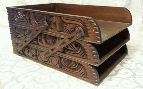 VTG CARVED WOOD TIKI  Desk Solid Wood Mail Organizer Office Study Sorter Tray