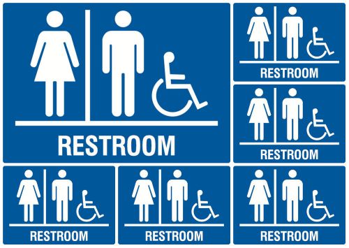Sign unisex bathroom restroom + wheelchair access accessible signs set of six us for sale
