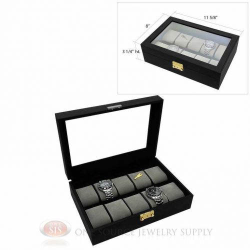 10 Watch Black Faux Leather Watch Case with Gray Velvet Lining Display Jewelry