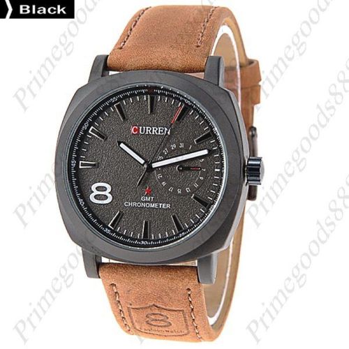 8 Round Case Quartz Analog Genuine Leather Wrist Men&#039;s Wristwatch Black Face