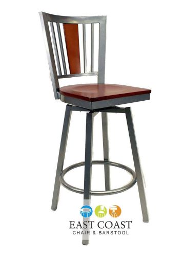 New Steel City Silver Metal Swivel Restaurant Bar Stool with Mahogany Wood Seat