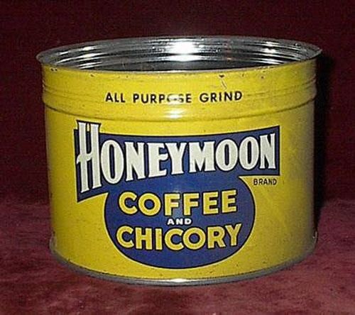 Rare HONEYMOON COFFEE &amp; CHICORY NEW ORLEANS 1 Lb. ADVERTISING TIN ~ CREOLE BLEND